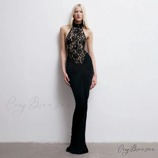 Sheer Lace Halter Open-Back Black Prom Dress promdress-250223