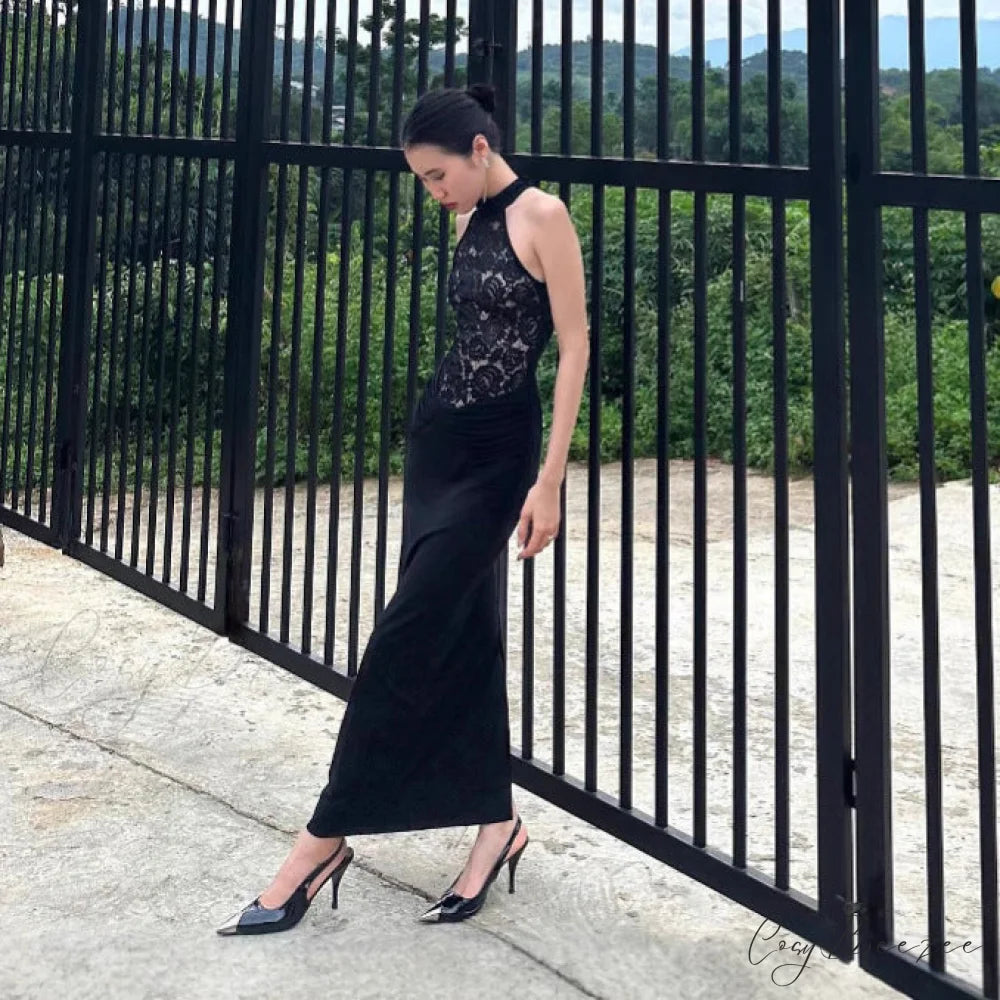 Sheer Lace Halter Open-Back Black Prom Dress black / XS promdress-250223