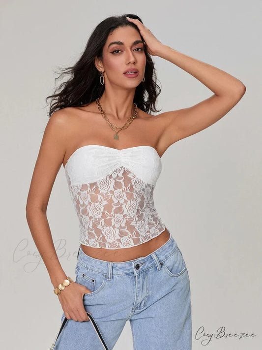 Sheer Lace Off-shoulder Strapless Low Cut Bandeau Top croptop-250126
