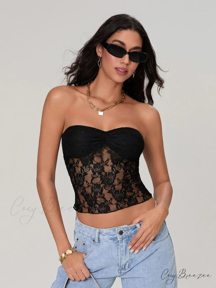 Sheer Lace Off-shoulder Strapless Low Cut Bandeau Top croptop-250126