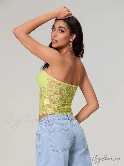 Sheer Lace Off-shoulder Strapless Low Cut Bandeau Top croptop-250126