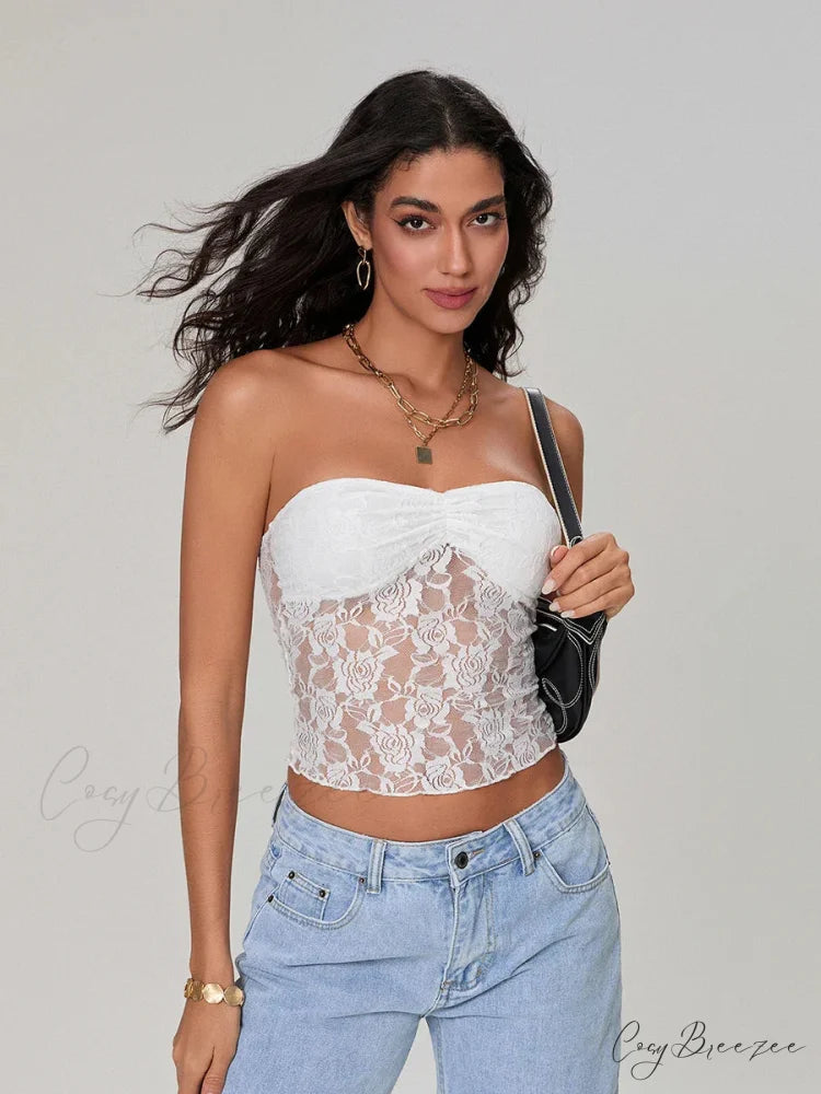 Sheer Lace Off-shoulder Strapless Low Cut Bandeau Top WHITE / S croptop-250126