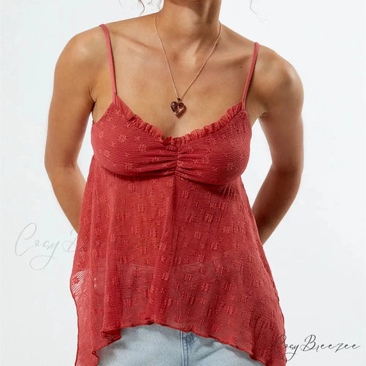 Sheer Mesh Babydoll Crop Top Red / S croptop-250223
