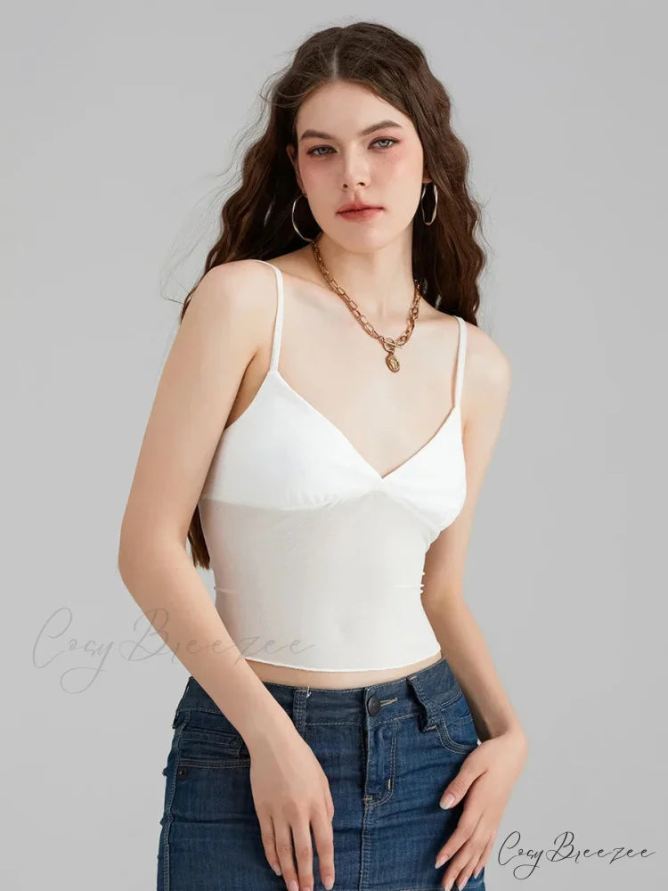 Sheer Mesh Backless Spaghetti Strap V-neck Crop Top WHITE / S croptop-250126