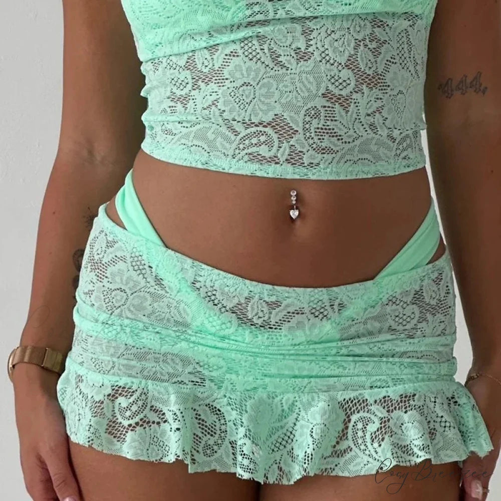 Sheer Mesh Frill Micro Skirt Green / S skirts-250223