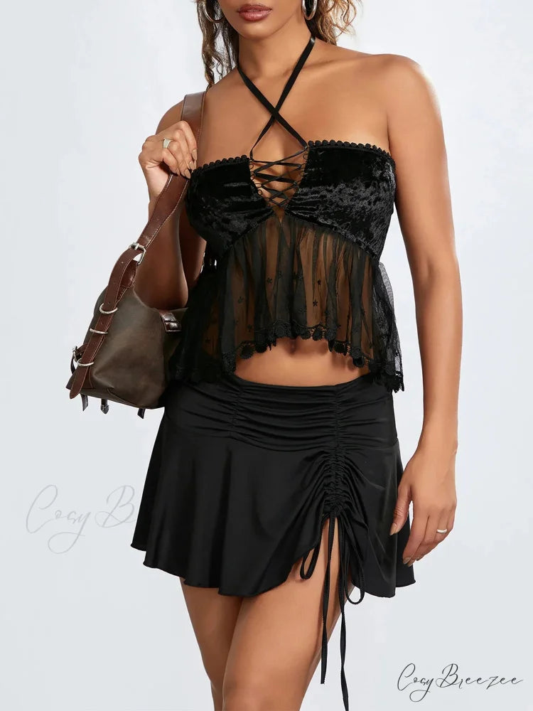Sheer Mesh Halter Tie-up Strapless Backless Bandeau croptop-250126