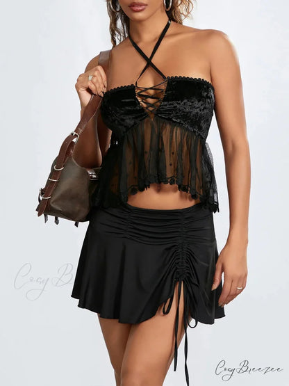 Sheer Mesh Halter Tie-up Strapless Backless Bandeau croptop-250126