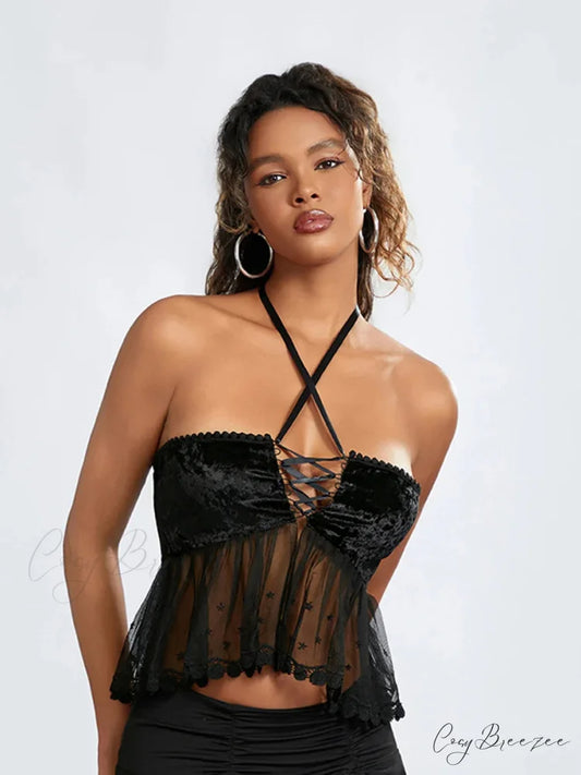 Sheer Mesh Halter Tie-up Strapless Backless Bandeau croptop-250126