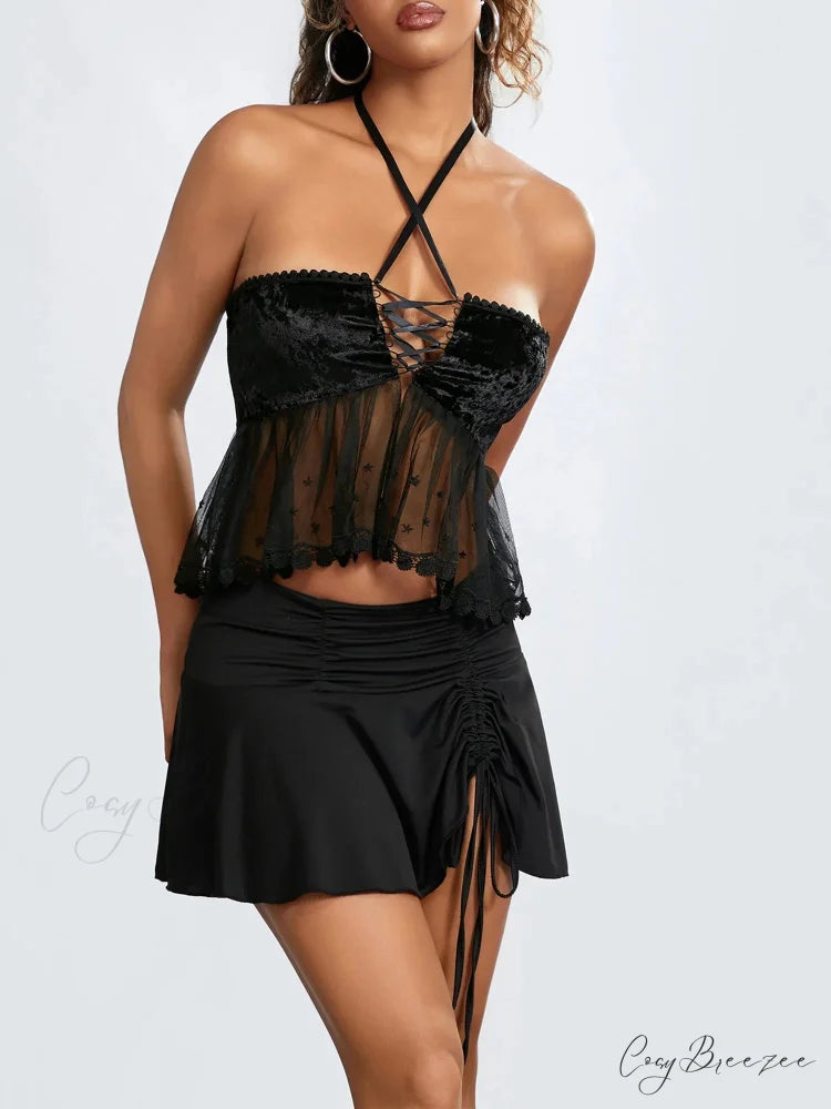Sheer Mesh Halter Tie-up Strapless Backless Bandeau croptop-250126