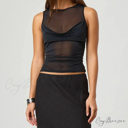 Sheer Mesh Layered Crop Top Black / S croptop-250223