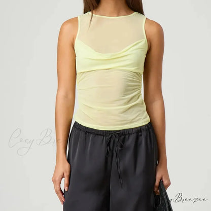 Sheer Mesh Layered Crop Top Yellow / S croptop-250223