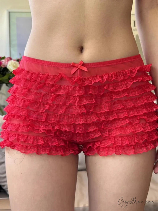 Sheer Mesh Ruffle Sleep Shorts red / S short-250223