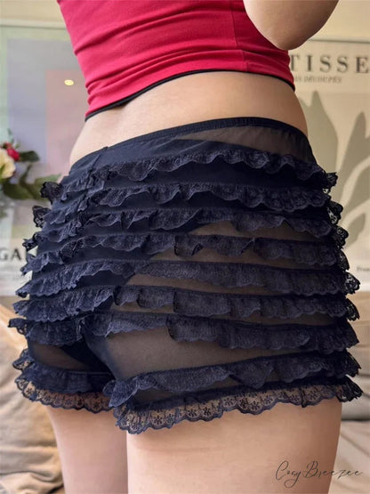Sheer Mesh Ruffle Sleep Shorts short-250223