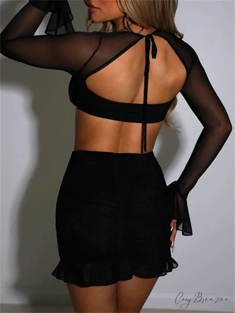 Sheer Mesh Ruffle Two-piece Crop Top Mini Skirt Set croptop-250126