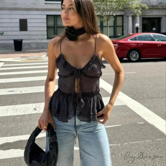 Sheer Mesh Ruffled Crop Top Black / S croptop-250223