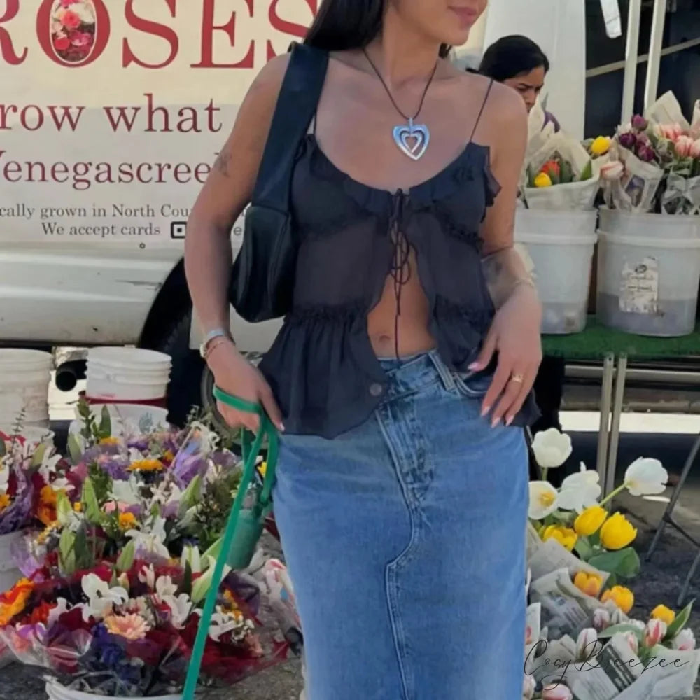 Sheer Mesh Ruffled Crop Top croptop-250223