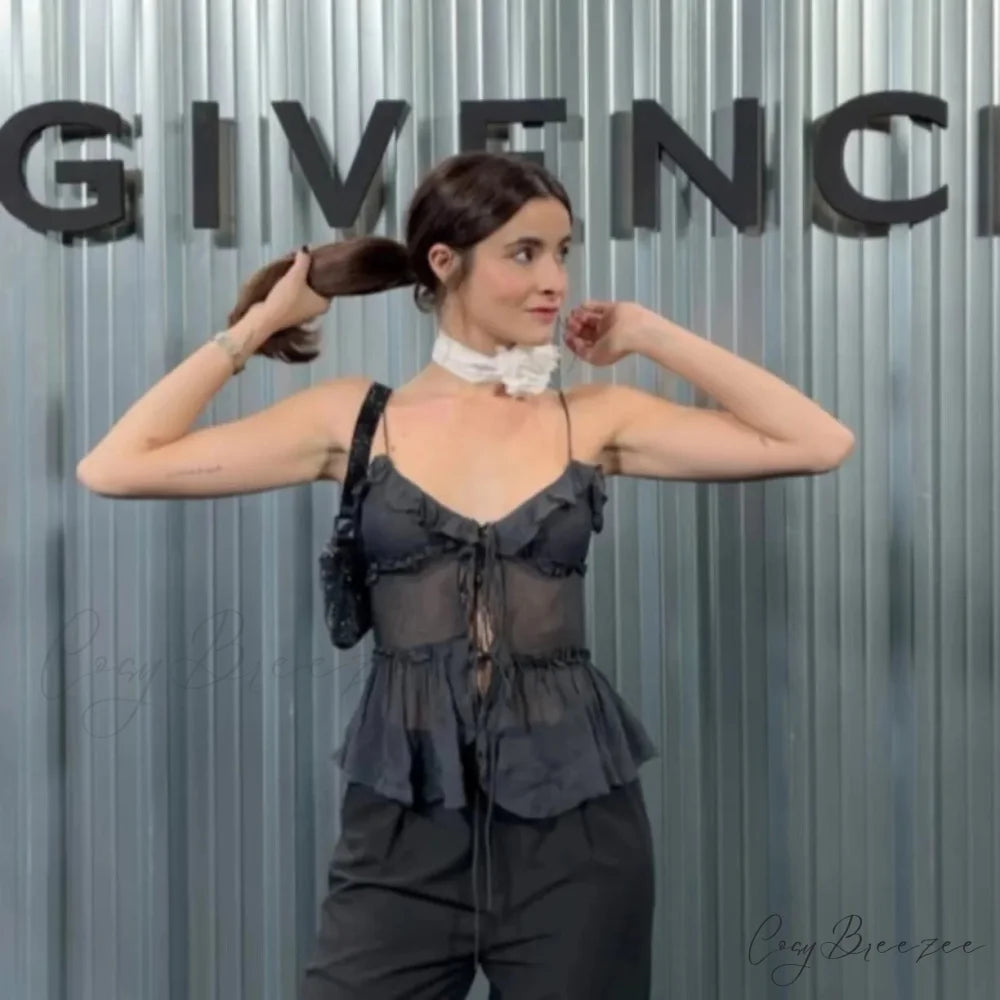 Sheer Mesh Ruffled Crop Top croptop-250223