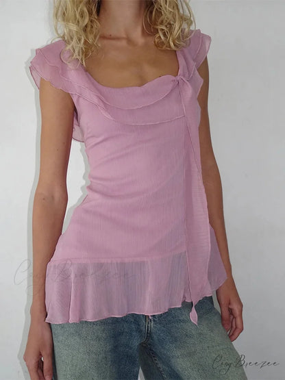 Sheer Mesh Sleeveless Backless 3D Stylish Elegant Trendy Chic Ruffle Crop Top