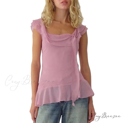 Sheer Mesh Sleeveless Backless 3D Stylish Elegant Trendy Chic Ruffle Crop Top Pink / S