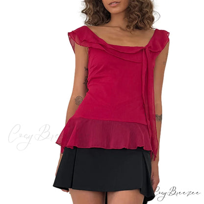 Sheer Mesh Sleeveless Backless 3D Stylish Elegant Trendy Chic Ruffle Crop Top Red / S