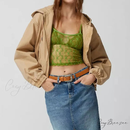 Sheer Mesh Square Neck Crop Top Green / S croptop-250223