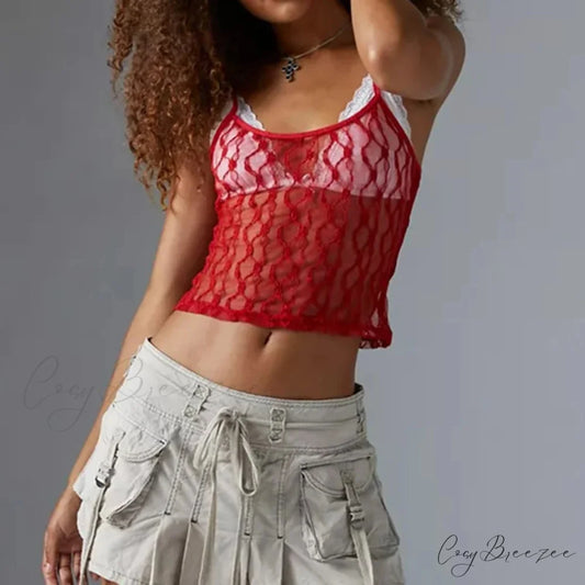 Sheer Mesh Square Neck Crop Top Red / S croptop-250223