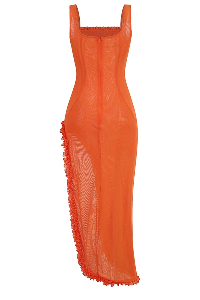 Sheer Sophistication Orange Trendy Asymmetric Maxi Dress