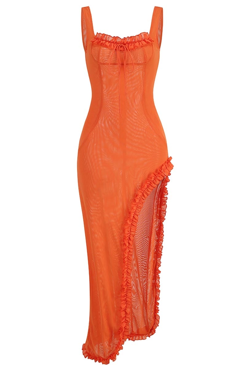 Sheer Sophistication Orange Trendy Asymmetric Maxi Dress