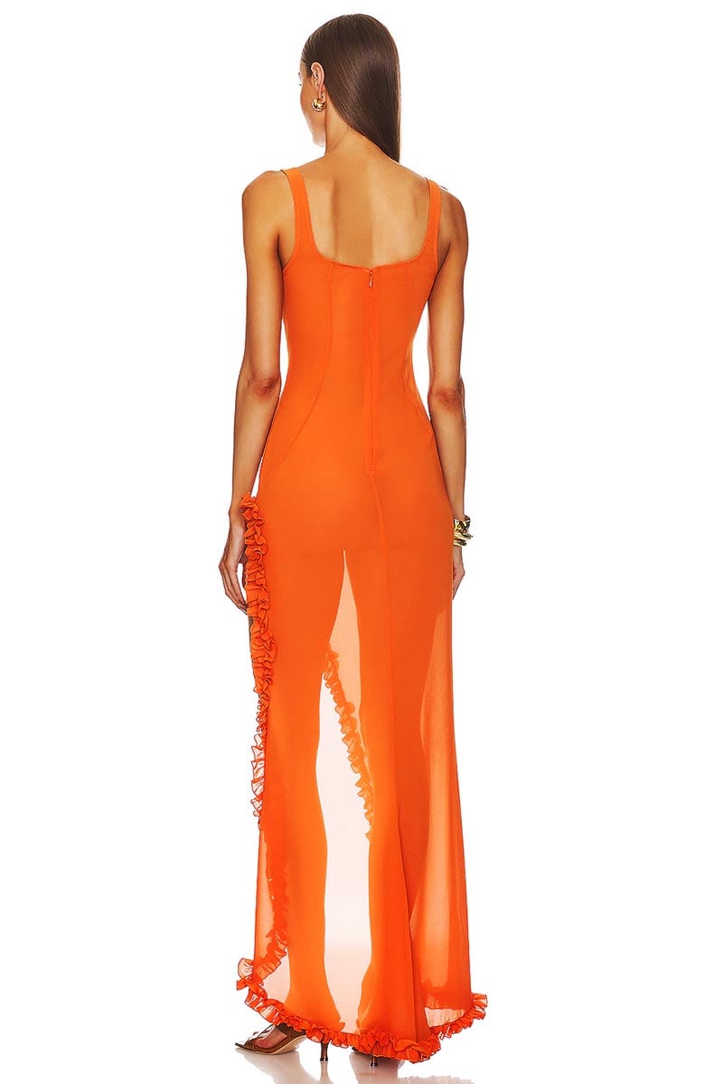 Sheer Sophistication Orange Trendy Asymmetric Maxi Dress