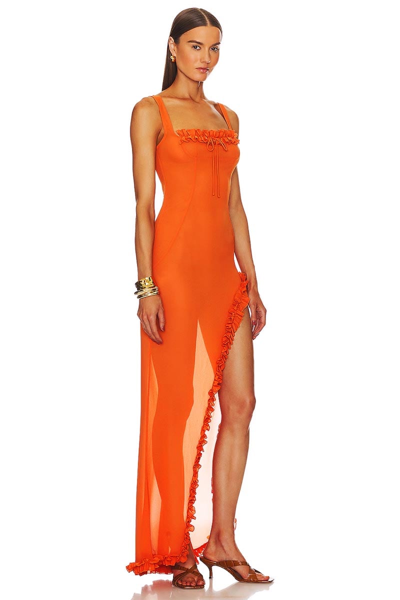 Sheer Sophistication Orange Trendy Asymmetric Maxi Dress