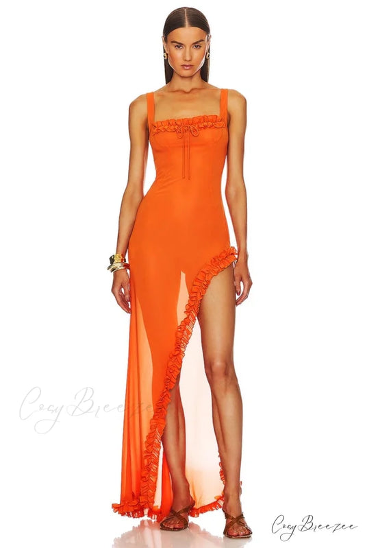 Sheer Sophistication Orange Trendy Asymmetric Maxi Dress Orange / XS
