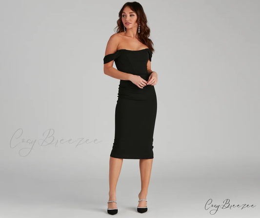 Sheila Crepe Corset Charming Midi Formal Dress BLACK / XS