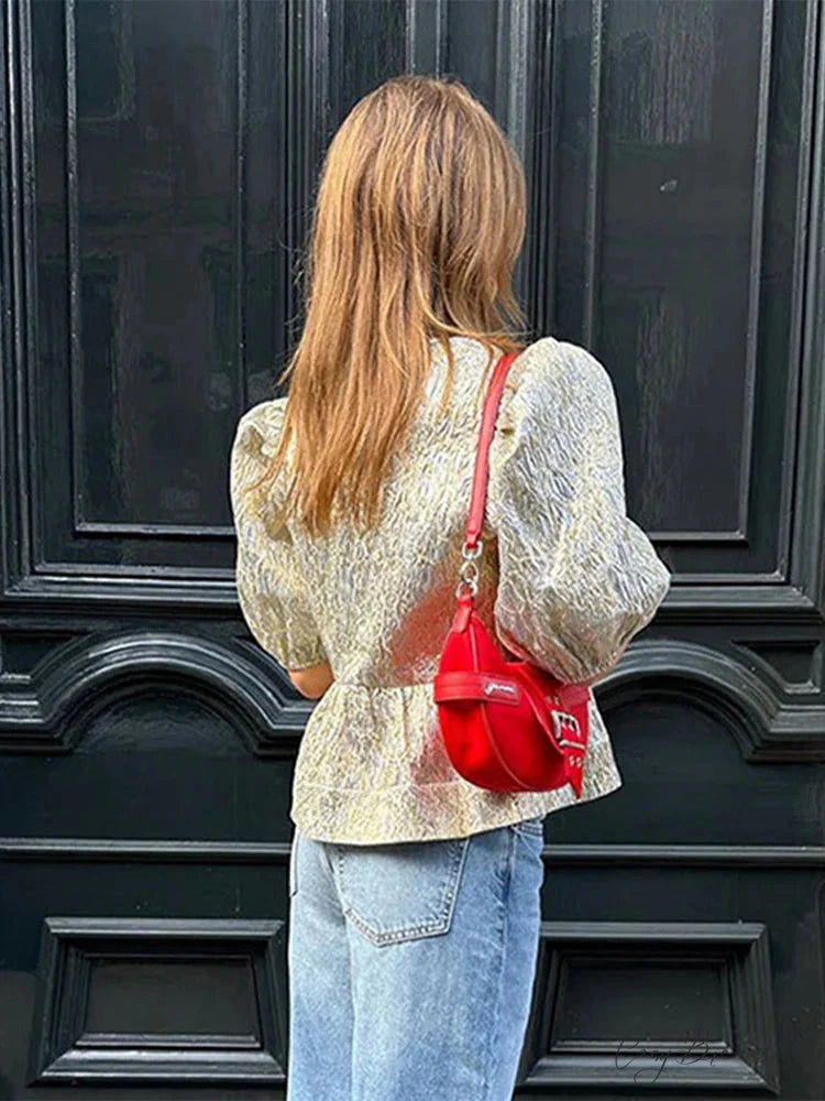 Shimmer Lace-Up Bow Puffy Sleeve Short Blouse blouse-250126