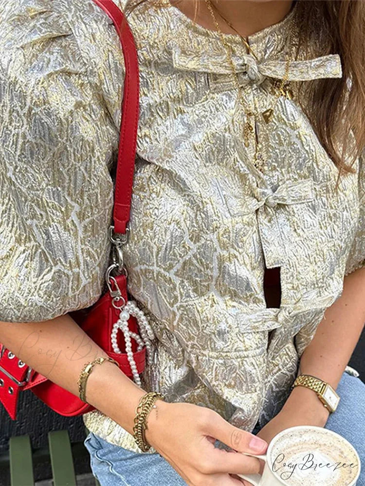 Shimmer Lace-Up Bow Puffy Sleeve Short Blouse blouse-250126