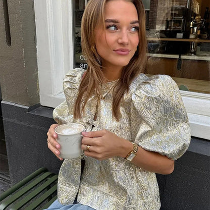 Shimmer Lace-Up Bow Puffy Sleeve Short Blouse white / S blouse-250126
