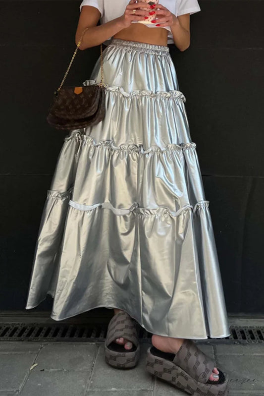 Shiny Ruched Layered Skirt Silver / S