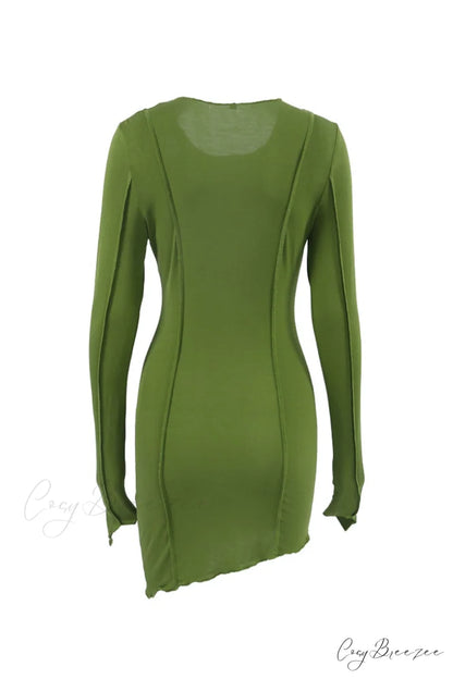 Shirred Long Sleeve Bodycon Mini Dress Green / L
