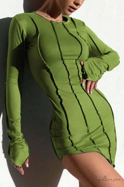 Shirred Long Sleeve Bodycon Mini Dress Green / M