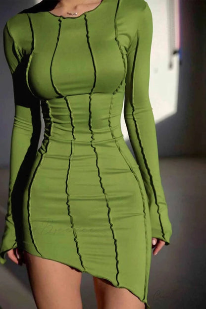 Shirred Long Sleeve Bodycon Mini Dress Green / S
