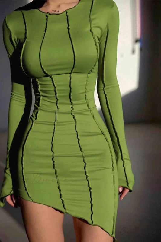 Shirred Long Sleeve Bodycon Mini Dress Green / S