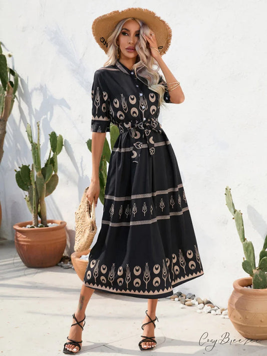 Shirred-waist Patterned Full-Length Crepe Gown for Three-quarter-sleeve Women Black / S