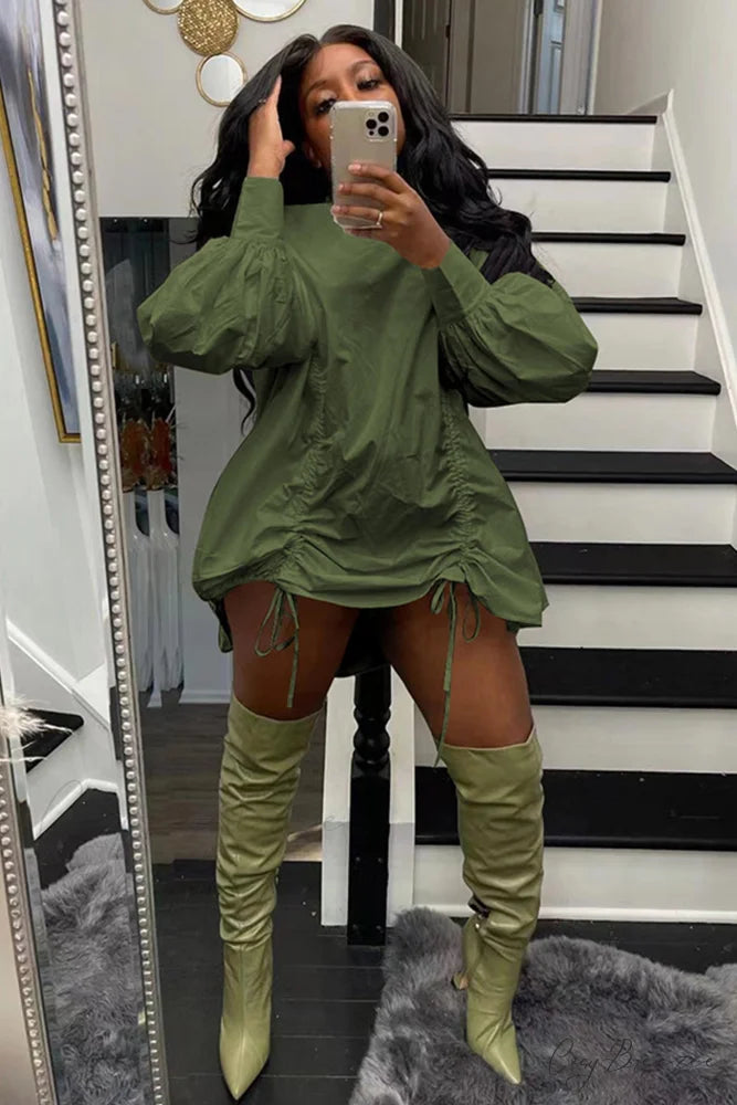 Shirring Shirt Dress with High Collar Army Green / S