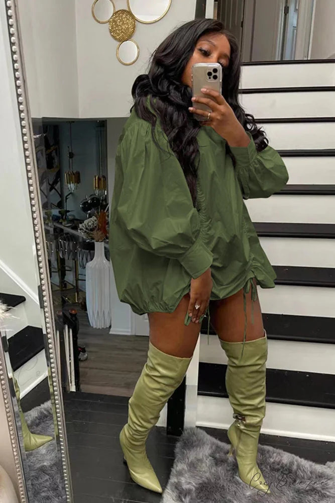 Shirring Shirt Dress with High Collar Army Green / XL