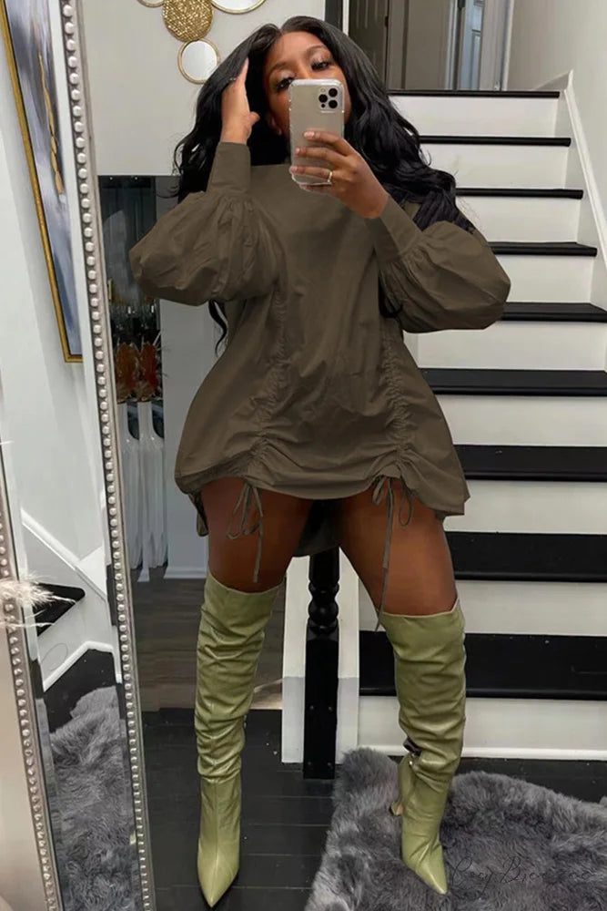 Shirring Shirt Dress with High Collar Brown / S