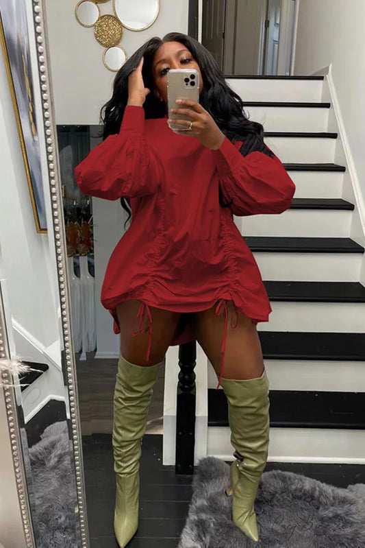 Shirring Shirt Dress with High Collar Red / S