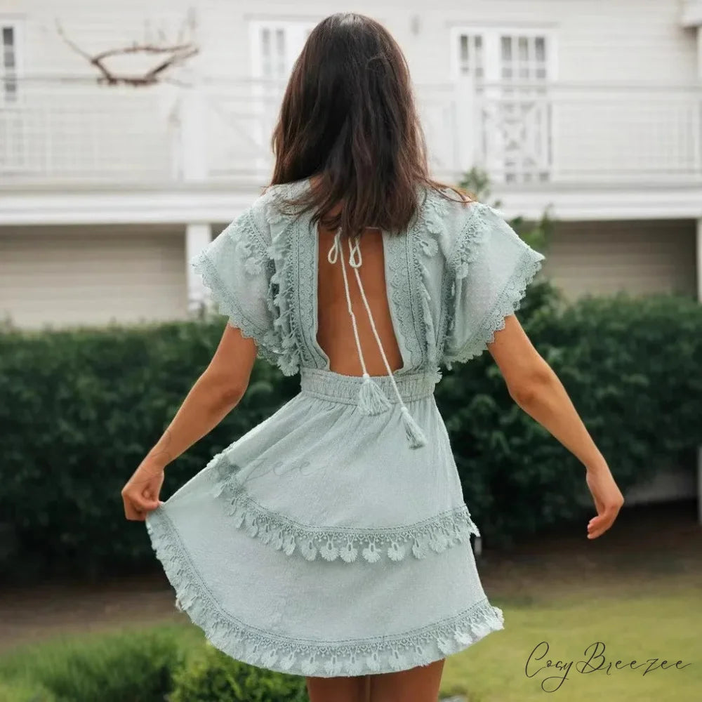 Short Batwing Sleeve Lace Backless Deep V-neck Mini Boho Dress bohodress-250126