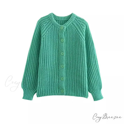 Short Cardigan with Round Neck Long Sleeve Fashionable Red Christmas Sweater Green / S