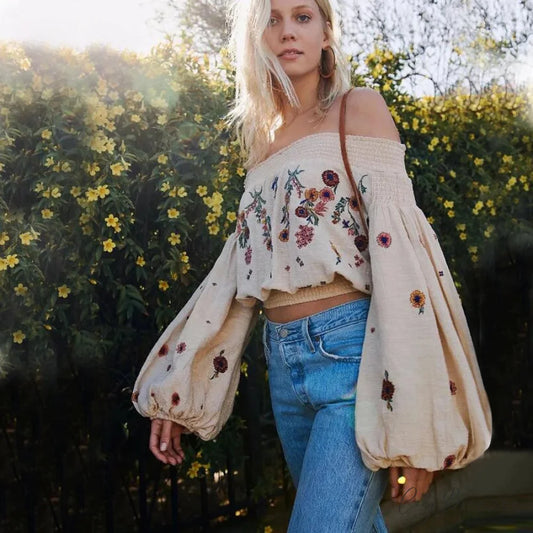 Short Floral Embroidery Off-Shoulder Boho Crop Blouse WHITE / S bohoblouse-250126