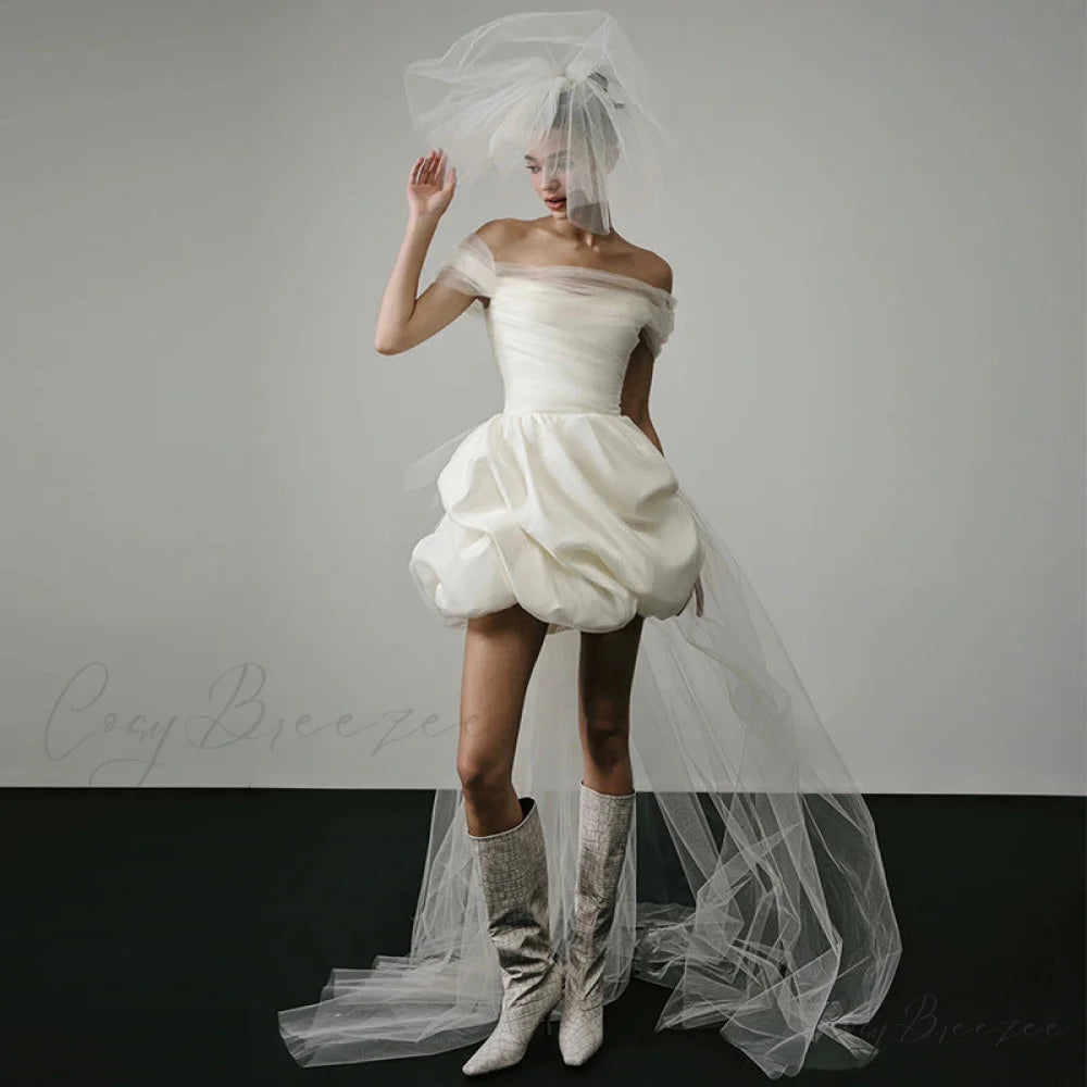 Short Off-Shoulder Satin Wedding Dress weddingdress-250223