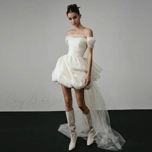 Short Off-Shoulder Satin Wedding Dress White / XS weddingdress-250223